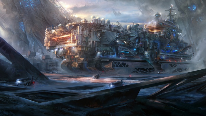 Futuristic industrial complex with a massive vehicle