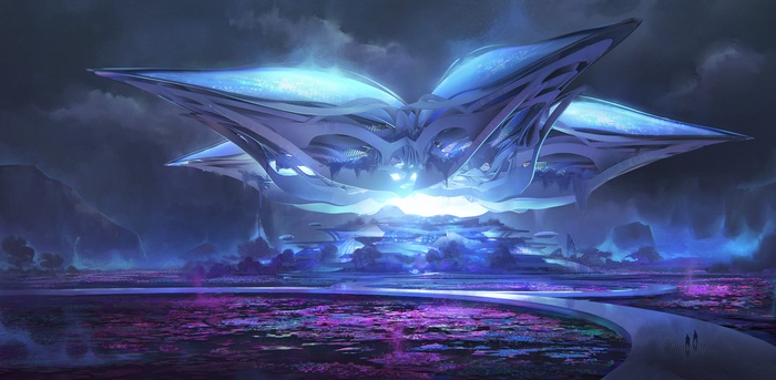 Futuristic alien city with glowing structures and purple landscape