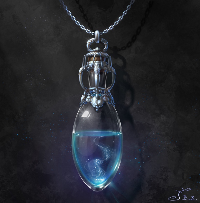 Vera Velichko's potion pendant with swirling blue liquid