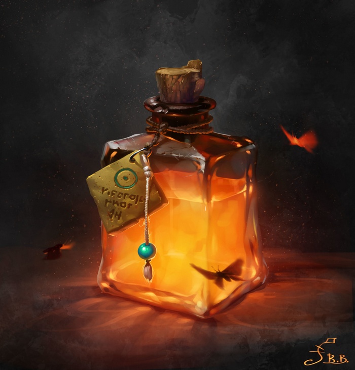 Bottle of glowing liquid with moths, by Vera Velichko
