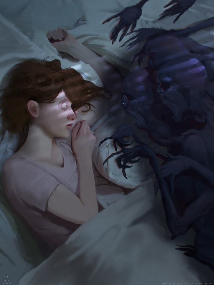 Woman in bed experiencing a nightmare with shadowy figures