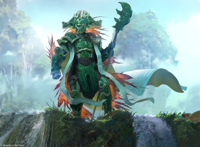 Green Armored Warrior with Spear on Cliff