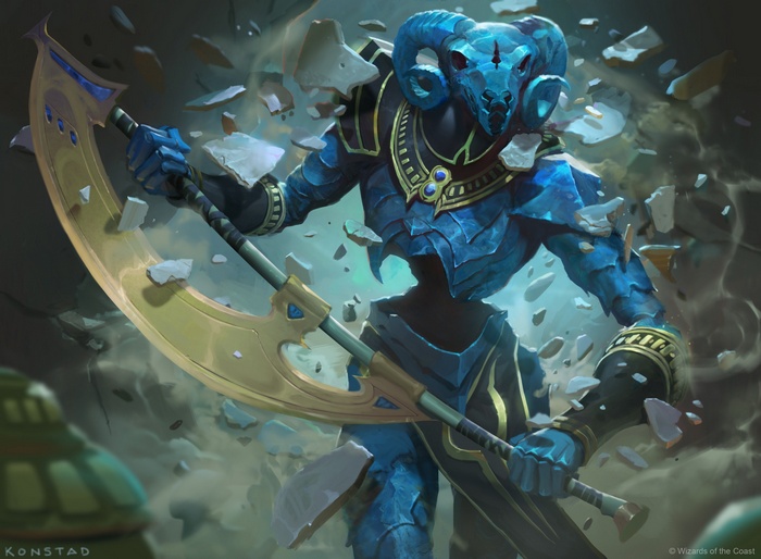 Blue Ram-headed Warrior with Golden Axe