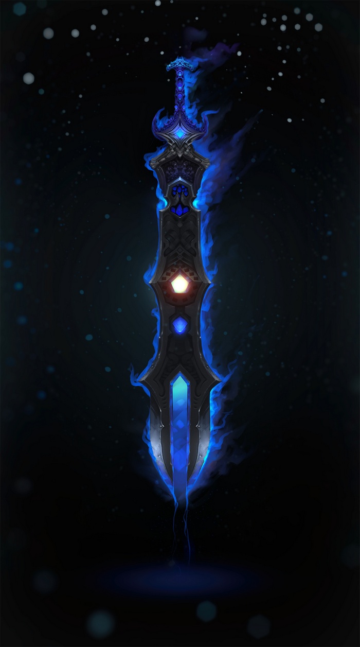 Artwork of a dark sword with blue flames