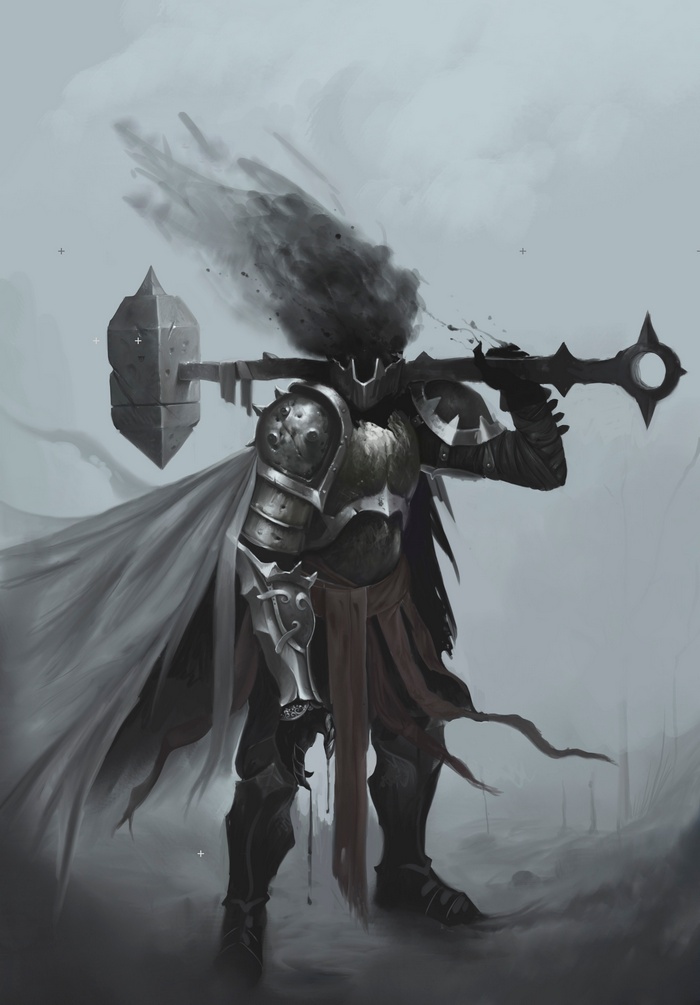 Knight with a dark, smoky head and a large hammer