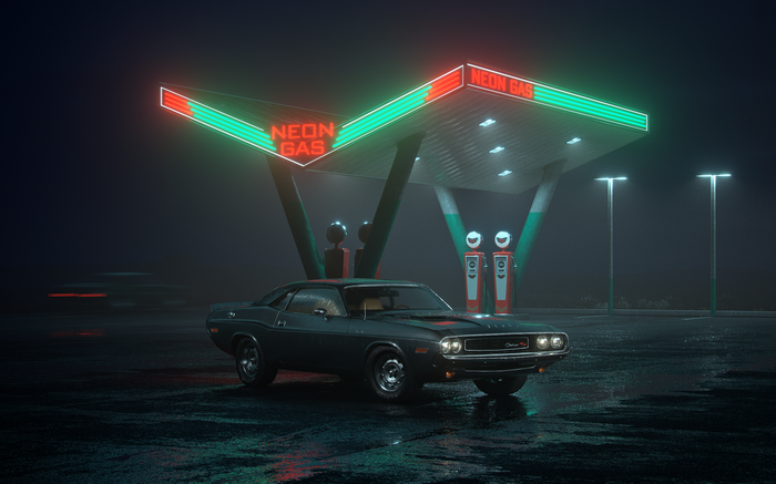 Dodge Challenger RT at a neon gas station at night