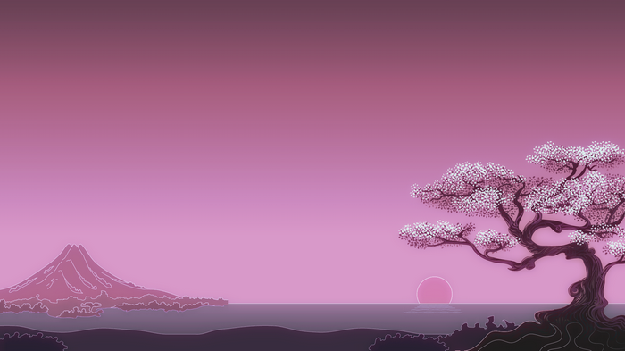 Minimalist Japanese Landscape with Cherry Blossom Tree and Mountain