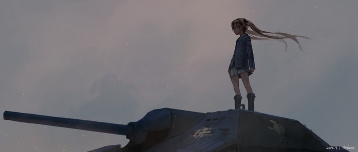 Anzu Kadotani from Girls und Panzer on a Hetzer tank