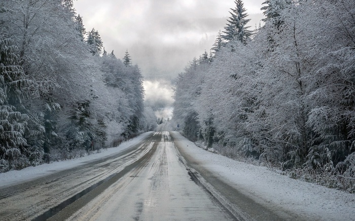 Snow-covered road through a winter forest