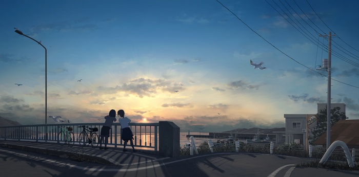Two anime girls on a bridge watching the sunset over the sea
