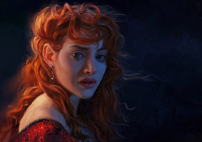 Redhead woman in red dress against starry background
