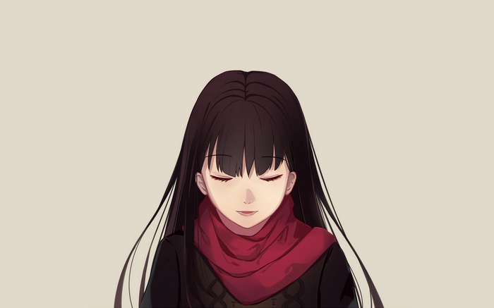 Anime girl with long dark hair and red scarf