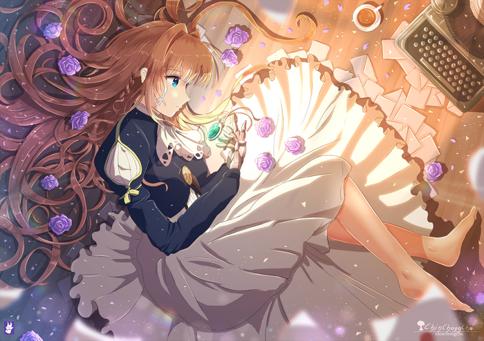 Violet Evergarden lying on the floor with letters and typewriter