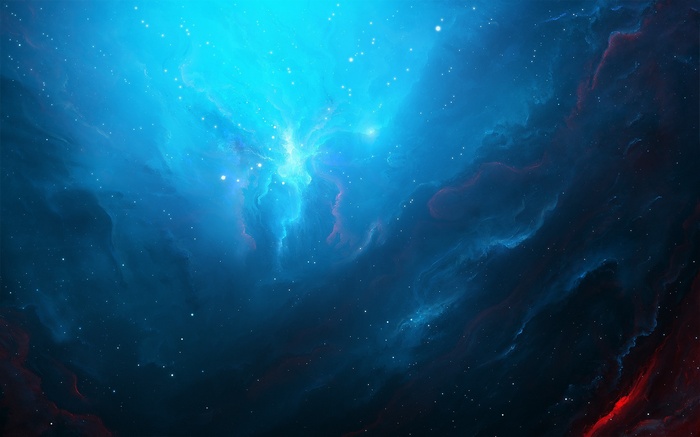 Blue and red nebula with stars in deep space