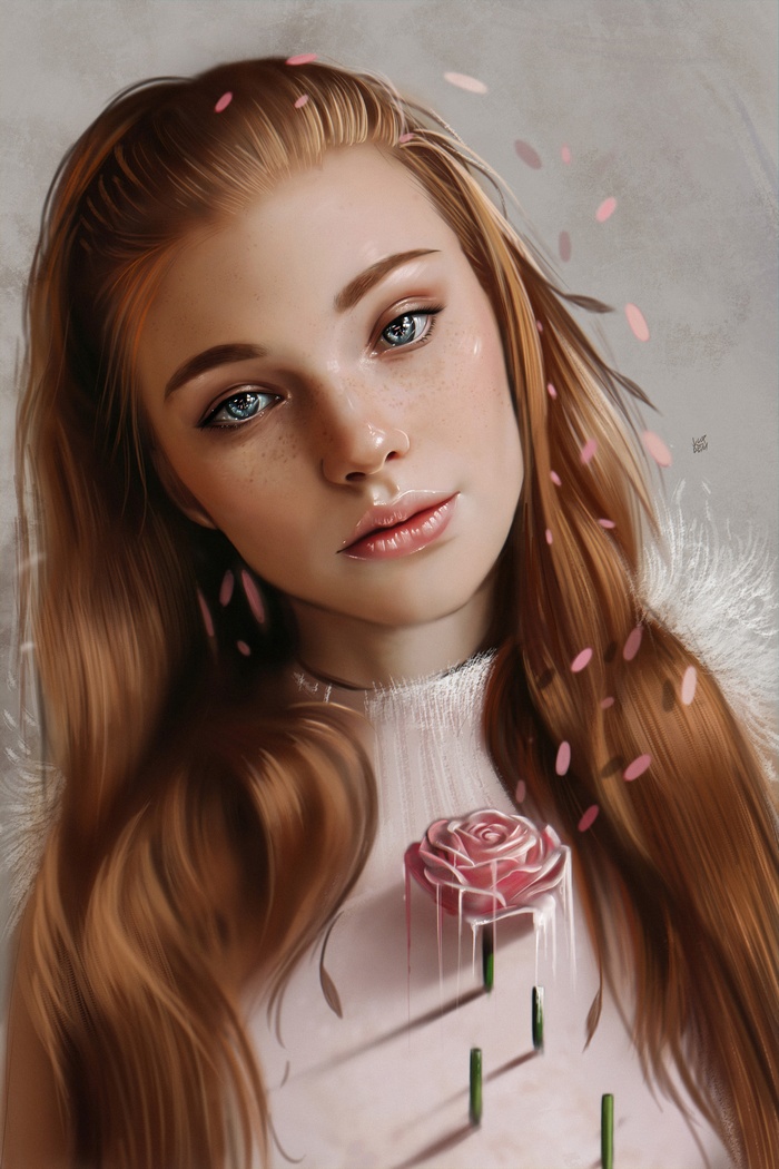 Digital art portrait of a redhead woman with blue eyes