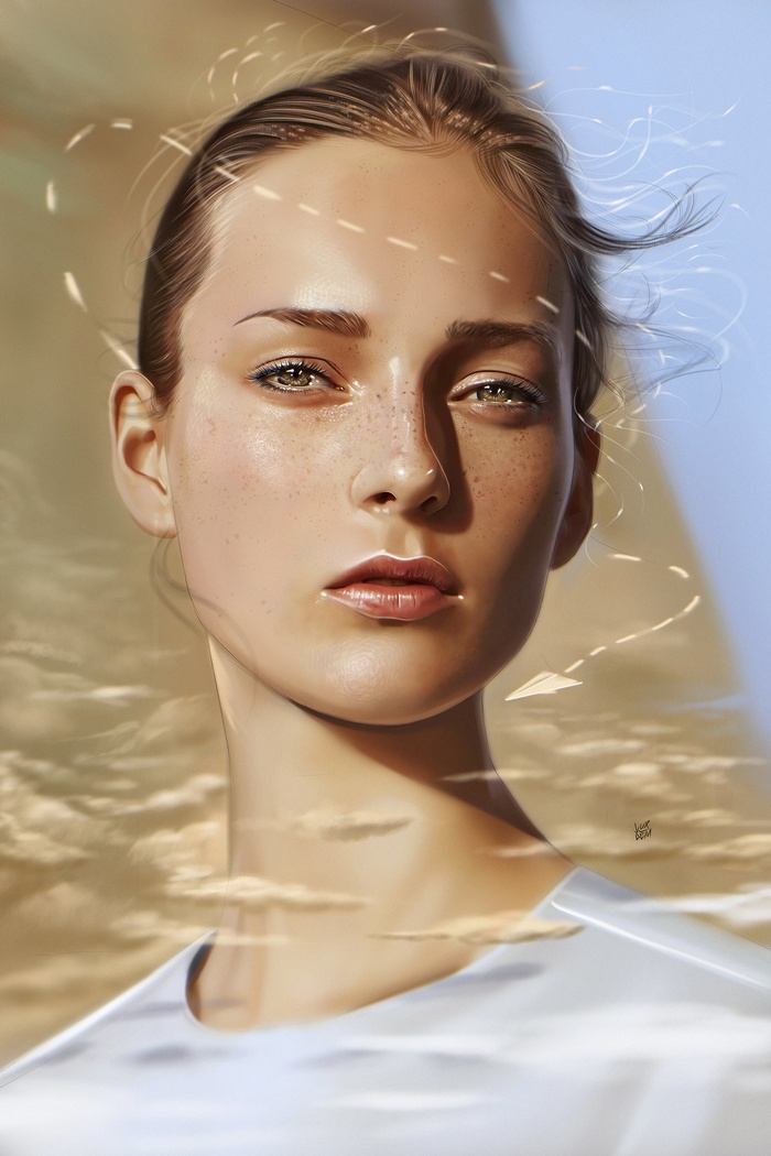 freckles, painting, women, face, portrait, portrait display, Yaşar  Vurdem, blonde, digital art, artwork