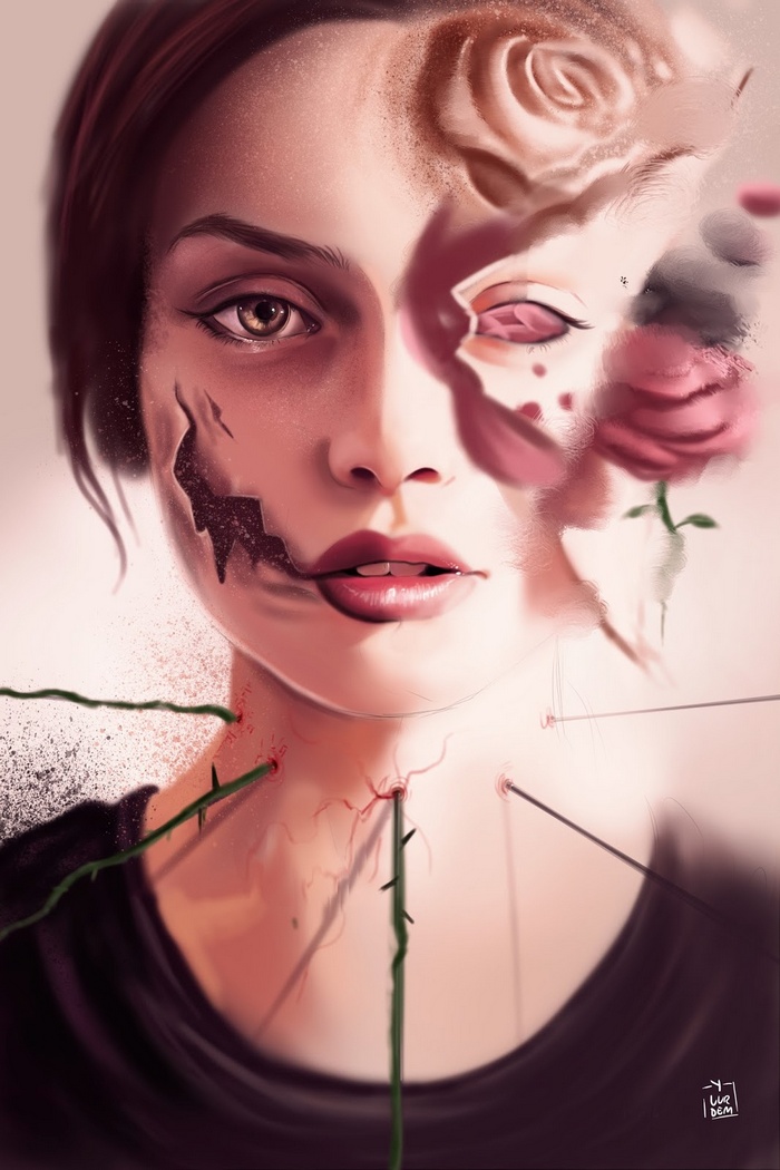 Digital art portrait of a broken woman with roses