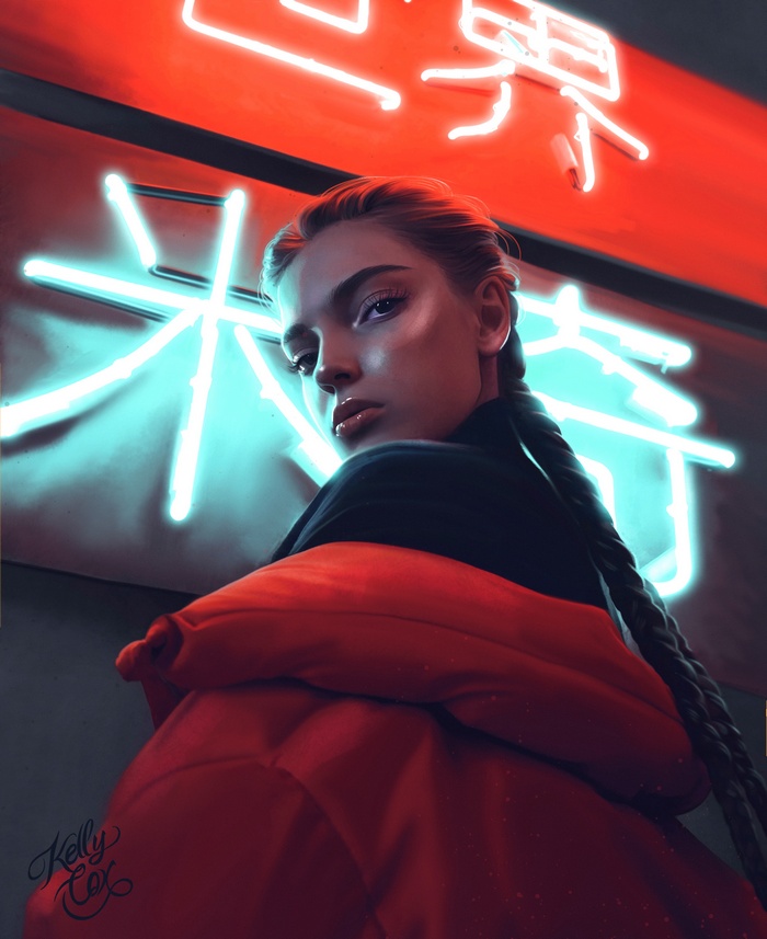 Woman with long hair in front of neon signs