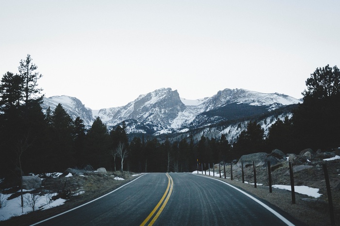 Road leading to snow-capped mountains and pine trees