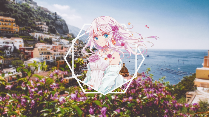 Anime girl with pink hair in a white dress overlooking a coastal town