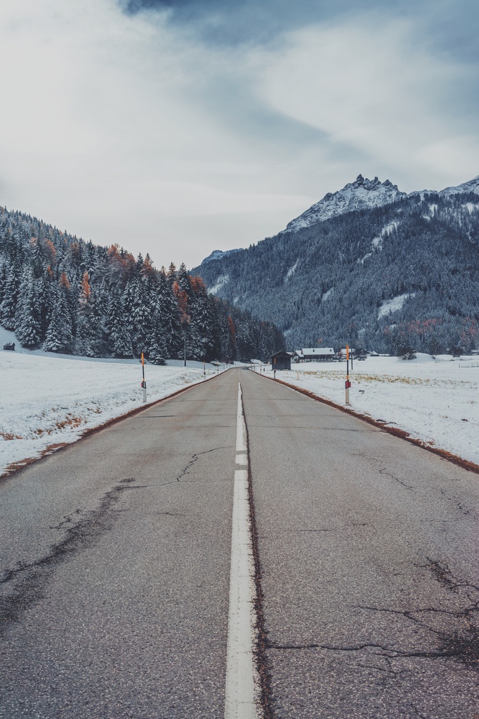 Snowy Mountain Road with Pine Trees