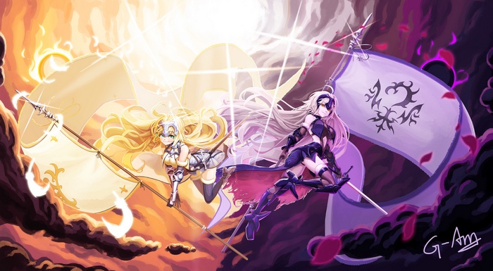 blue eyes Jeanne dArc Jeanne darc alter sword evil blonde clouds flag yellow eyes anime girls spear Fate Series white hair video games Ruler (FateApocrypha) long hair Avenger (FateGrand Order) FateGrand Order armor sun rays