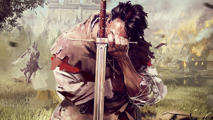 Man with sword in front of burning village and castle
