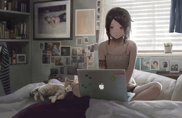 mac book, anime girls, brunette, tattoo, original characters, bedroom, bed, artwork, anime, cat, digital art, laptop, women
