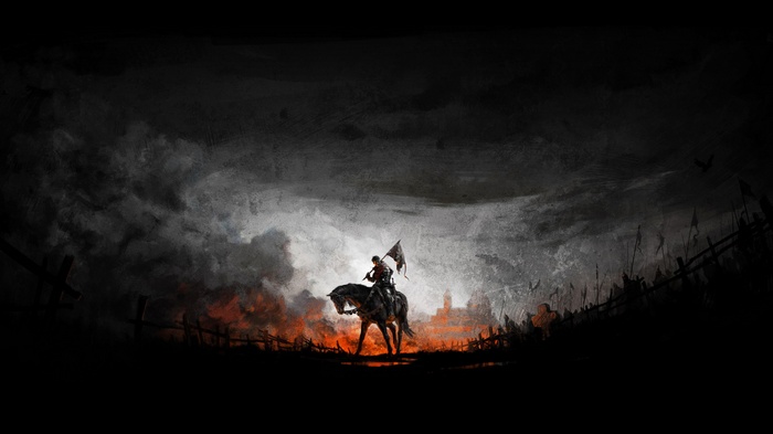 Knight on horseback with flag in Kingdom Come: Deliverance artwork
