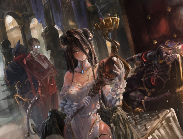 Momonga, Ainz Ooal Gown, Black wings, long hair, Overlord (anime), glasses, wings, dress, cleavage, horns, Demiurge (Overlord), black hair, white dress, Albedo (OverLord)