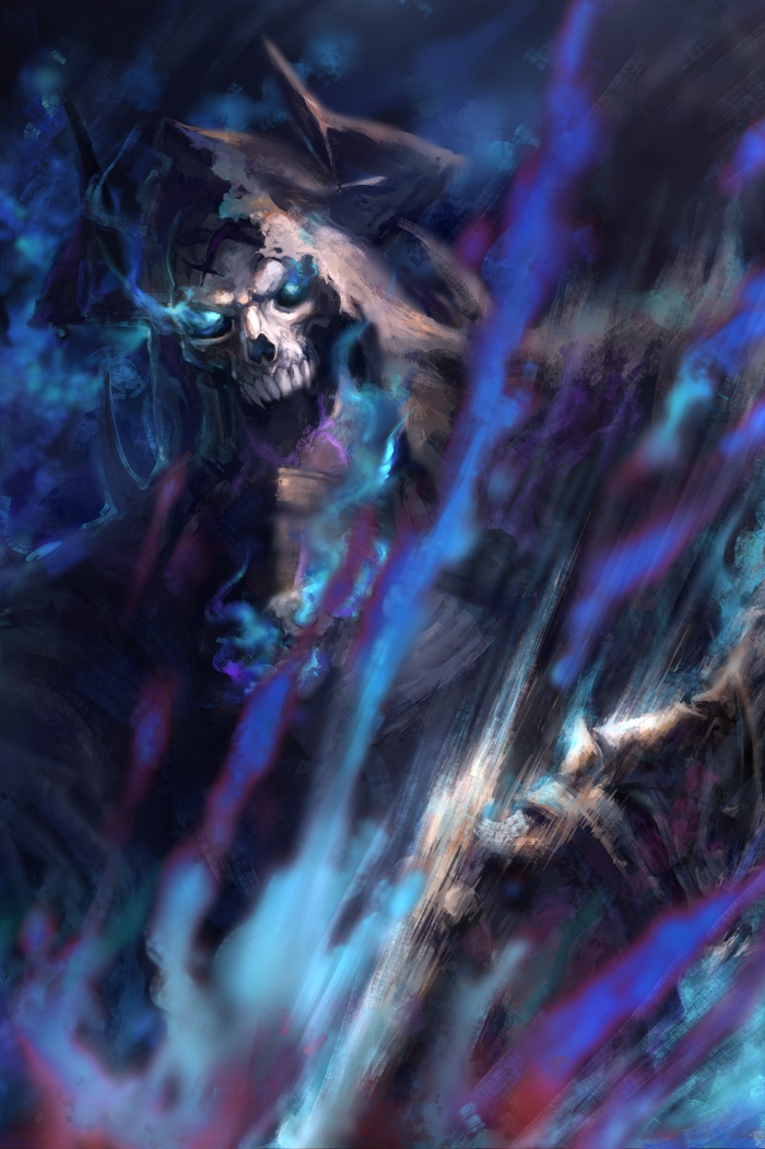 A skeletal figure with glowing blue eyes and ethereal blue flames