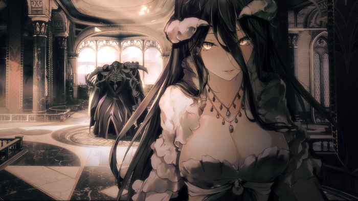 long hair, black hair, Albedo (OverLord), Ainz Ooal Gown, Overlord (anime), cleavage, yellow eyes, dress, horns, waifu2x, white dress