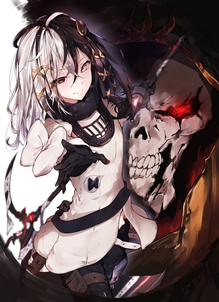 bicolored hair, dress, Zesshi Zetsumei (Overlord), headdress, Ainz Ooal Gown, gloves, white dress, robes, Overlord (anime), skull, heterochromia, horns, weapon, long hair