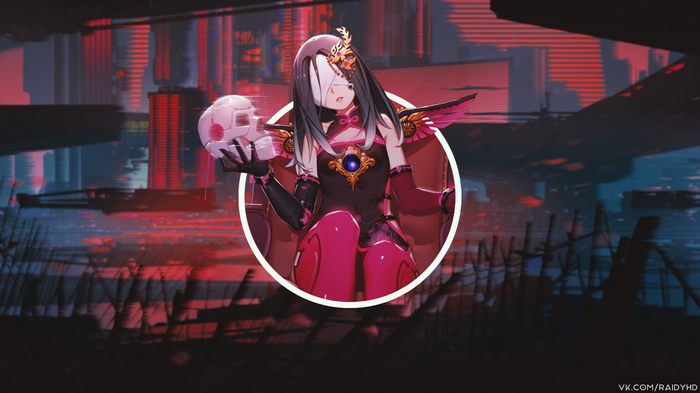 Anime girl with a skull in a neon city