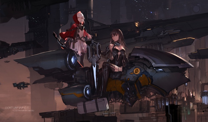 Two anime women on a futuristic vehicle