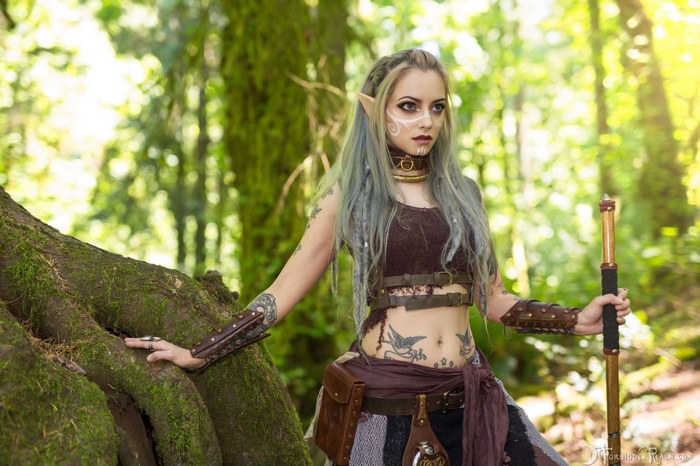 Genevieve cosplay as a Wood Elf in a forest