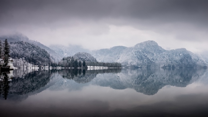 Winter landscape of Kochelsee lake in Bavaria, Germany