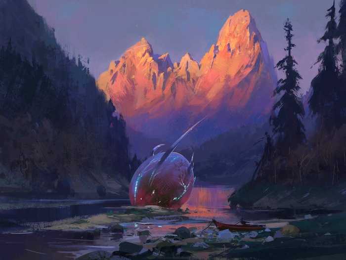 Alien object in a mountain lake at sunset