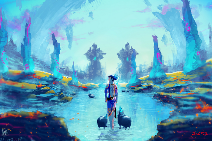 Fantasy art of a person with two creatures in a colorful alien landscape