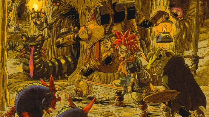 Chrono Trigger characters fighting monsters in a cave