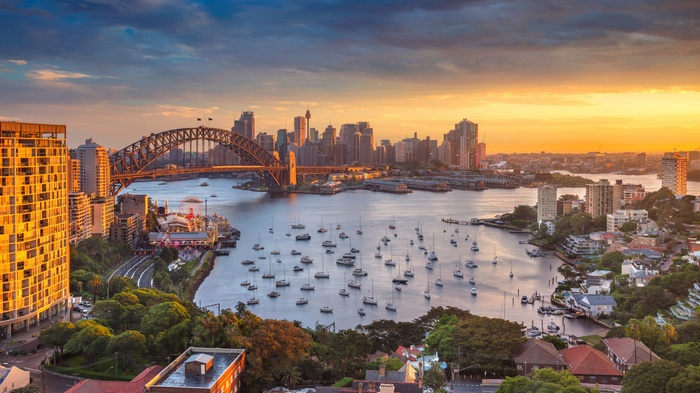 Sydney Harbour Bridge and cityscape at sunset