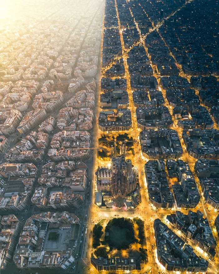 Aerial View of Barcelona Split Between Day and Night