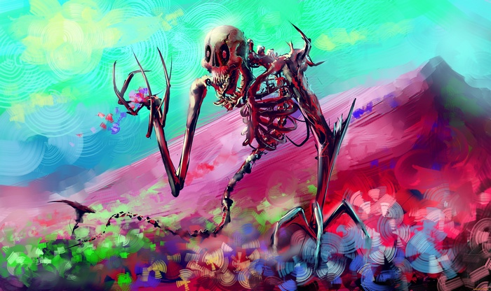 Skeleton creature in a colorful, abstract landscape with mountains