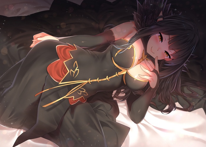 white background, elbow gloves, Assassin of Red (Semiramis) (FateApocrypha), FateApocrypha, gloves, cleavage, FateGrand Order, blushing, black hair