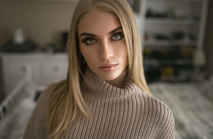 bed, turtlenecks, George Dutch, straight hair, white sweater, depth of field, blonde, women, portrait, face, Skyler Dawngagne