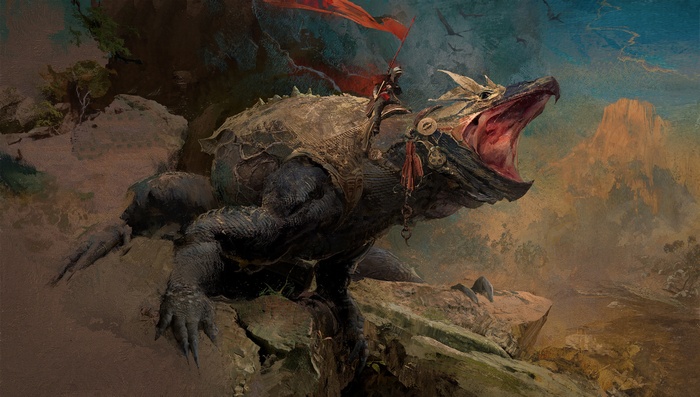 Knight riding a dragon with a red flag