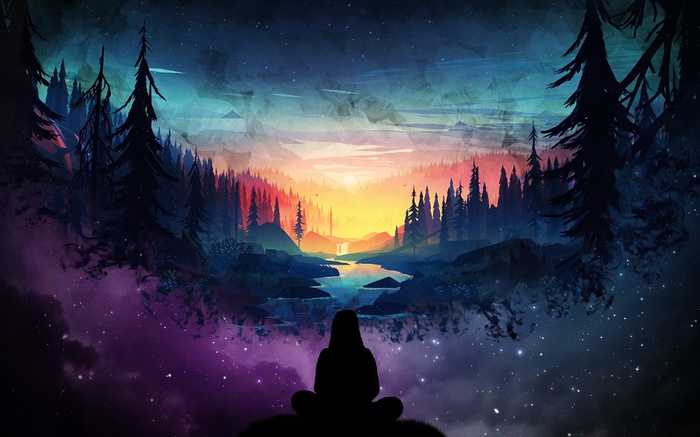 Silhouette meditating in a colorful forest landscape