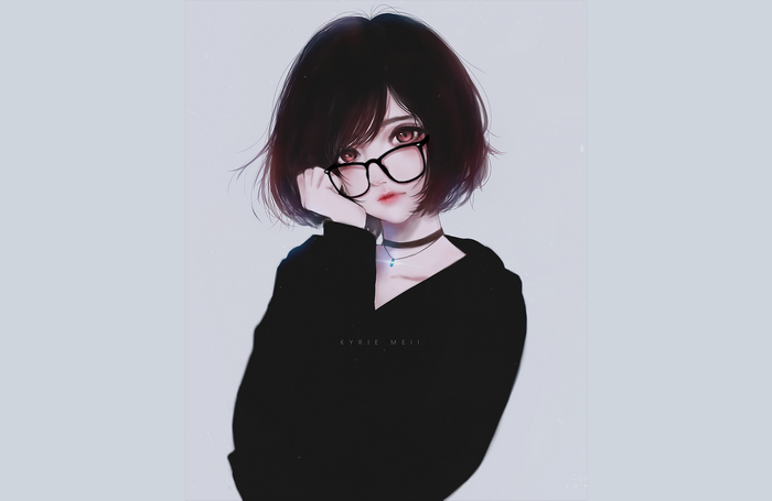 Anime girl with short black hair and glasses