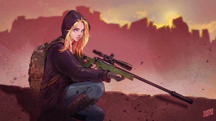 artwork, blonde, girls with guns, backpacks, weapon, sniper rifle, blue eyes, hoods, Accuracy International AWP, women, rifles
