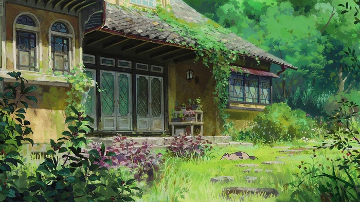 House with a cat in a garden